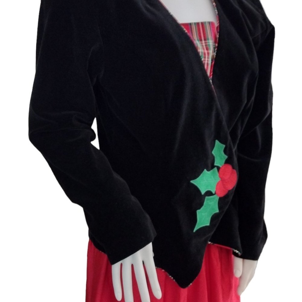 80s Does 40s Style Cotton Velvet / Velveteen Holly Applique Blazer - Picture 5 of 13